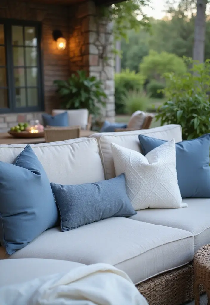 28 Outdoor Pillow Color Schemes in Blue for a Fresh Summer Look 15 28 Outdoor Pillow Color Schemes in Blue for a Fresh Summer Look - 15. Blue Gray and Warm White