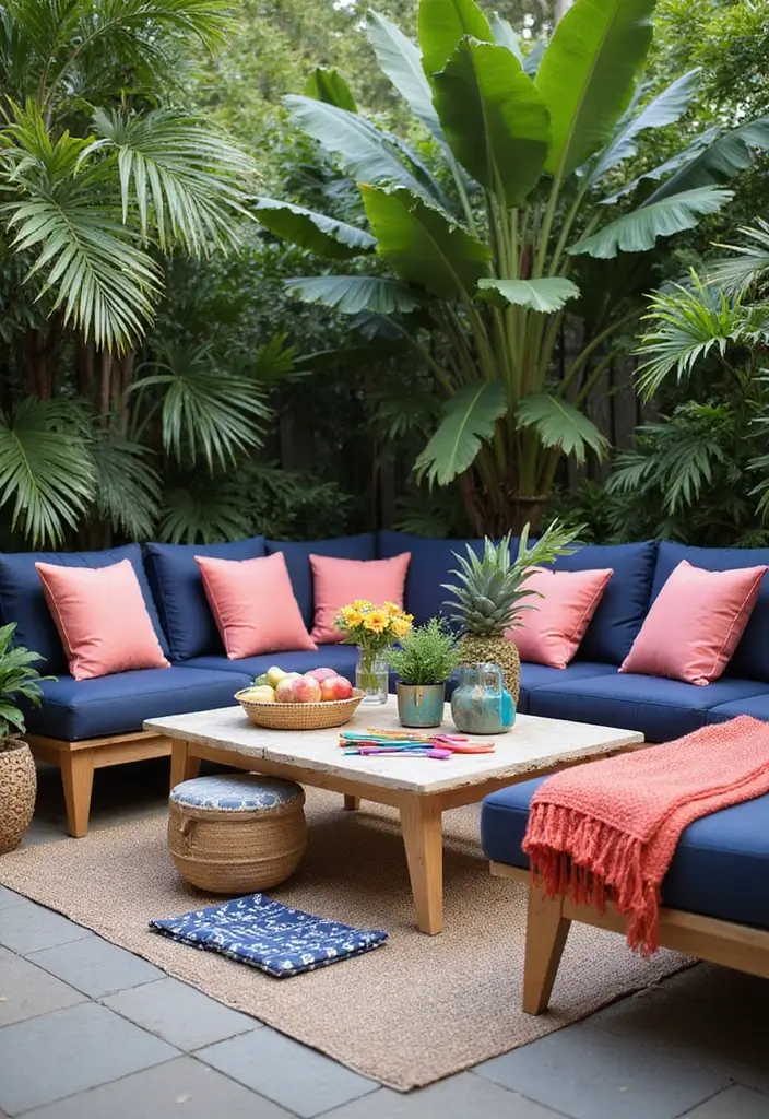 28 Outdoor Pillow Color Schemes in Blue for a Fresh Summer Look 2 28 Outdoor Pillow Color Schemes in Blue for a Fresh Summer Look - 2. Navy and Coral Contrast