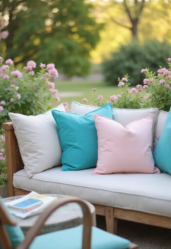 28 Outdoor Pillow Color Schemes in Blue for a Fresh Summer Look 21 28 Outdoor Pillow Color Schemes in Blue for a Fresh Summer Look - 21. Aqua and Blush Pink
