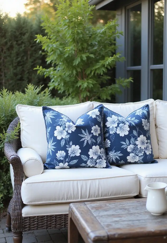 28 Outdoor Pillow Color Schemes in Blue for a Fresh Summer Look 22 28 Outdoor Pillow Color Schemes in Blue for a Fresh Summer Look - 22. Navy and White Floral