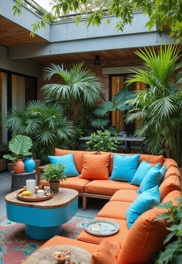 28 Outdoor Pillow Color Schemes in Blue for a Fresh Summer Look 9 28 Outdoor Pillow Color Schemes in Blue for a Fresh Summer Look - 9. Bright Blue and Orange