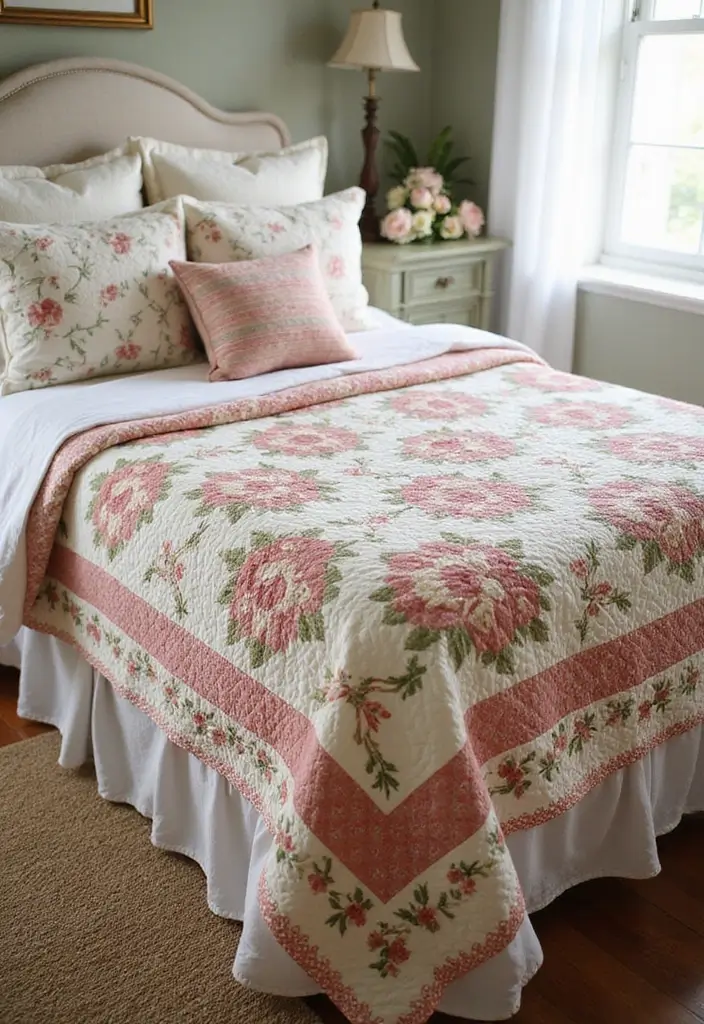28 Quilted Bed Throw Ideas for Warmth and Texture 9 28 Quilted Bed Throw Ideas for Warmth and Texture - 9. Vintage Floral Quilted Throw