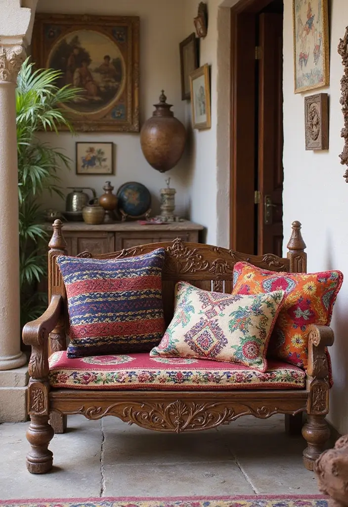 30 Benches with Pillows Ideas for Entryways and Cozy Corners 13 30 Benches with Pillows Ideas for Entryways and Cozy Corners - 13. Global Inspirations