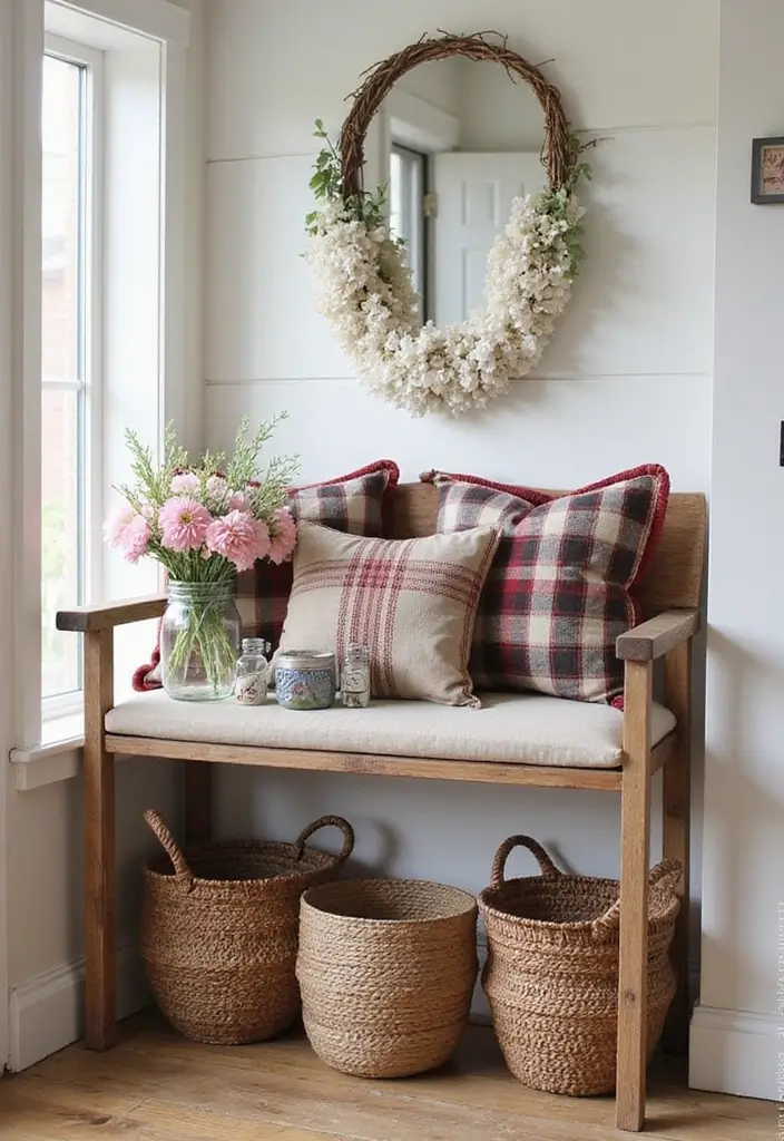 30 Benches with Pillows Ideas for Entryways and Cozy Corners 19 30 Benches with Pillows Ideas for Entryways and Cozy Corners - 19. Farmhouse-Sourced Elements