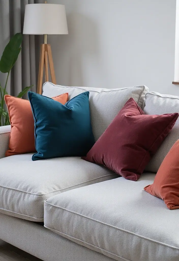 30+ Best Pillows for a Light Grey Couch: Neutral Yet Stylish 22 30+ Best Pillows for a Light Grey Couch: Neutral Yet Stylish - 22. Jewel-Toned Accents