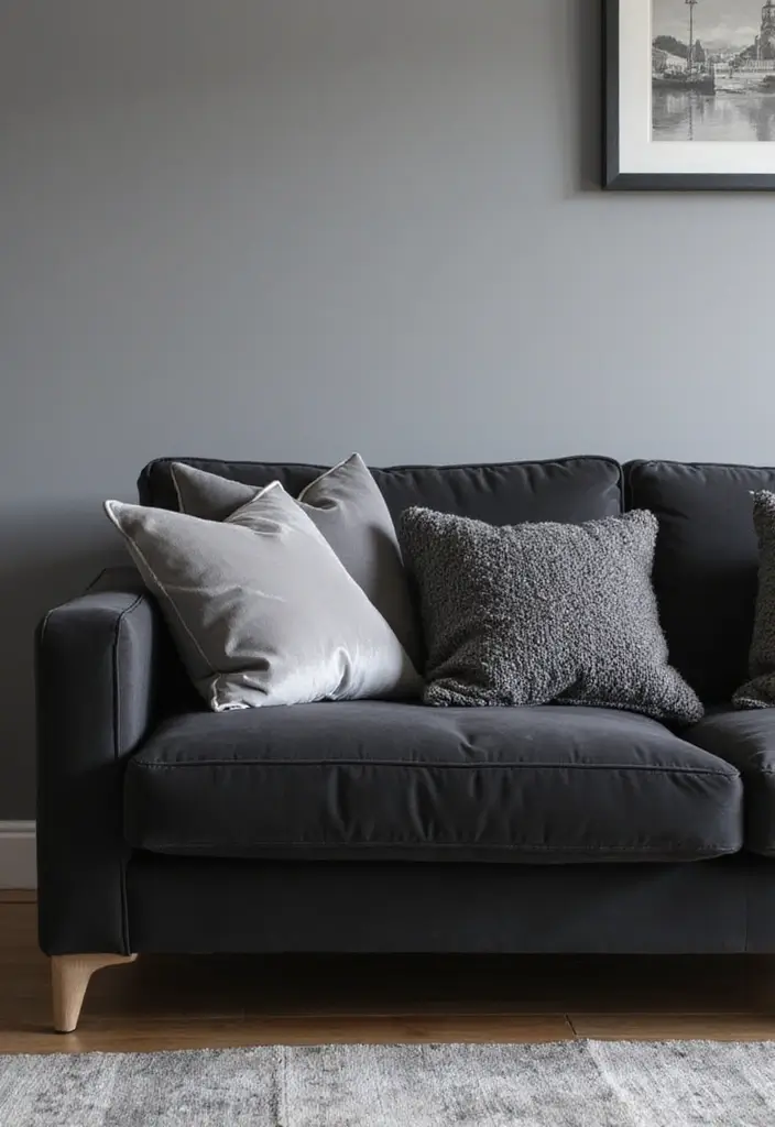 30 Black Couch with Pillows Combinations That Feel Modern 1 30 Black Couch with Pillows Combinations That Feel Modern - 1. Monochromatic Minimalism