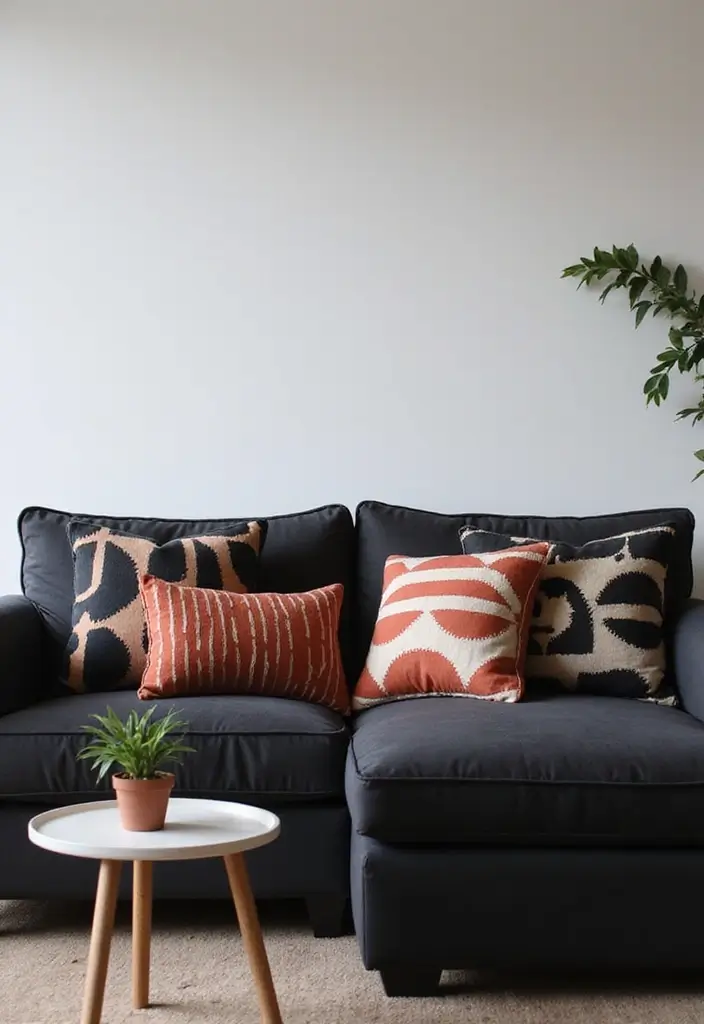 30 Black Couch with Pillows Combinations That Feel Modern 14 30 Black Couch with Pillows Combinations That Feel Modern - 14. Geometric Design