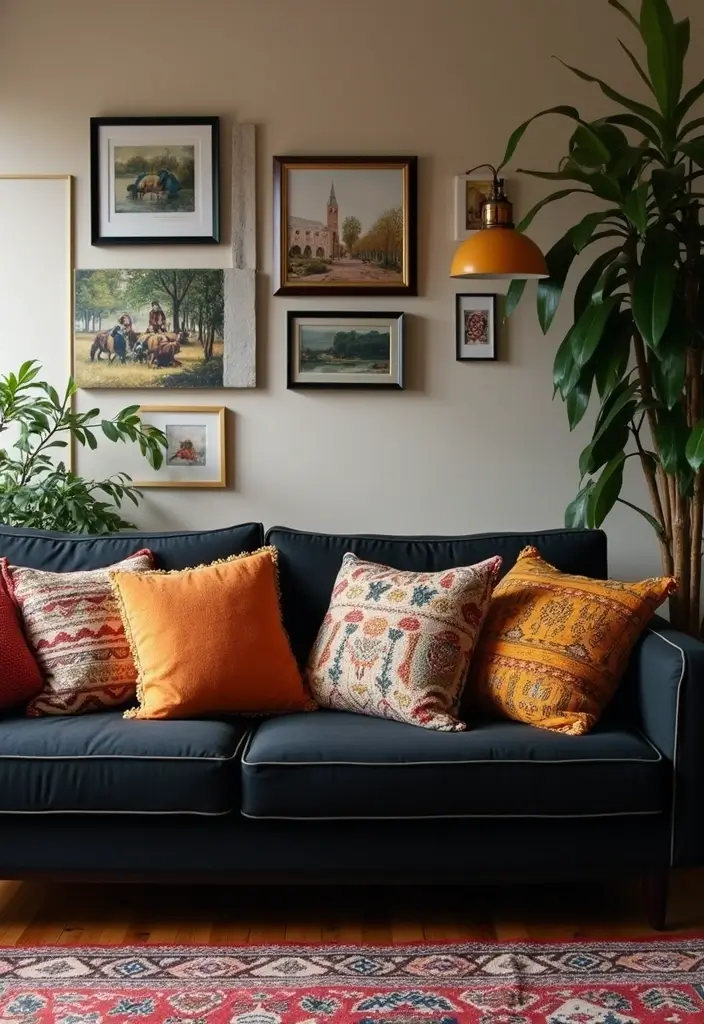 30 Black Couch with Pillows Combinations That Feel Modern 15 30 Black Couch with Pillows Combinations That Feel Modern - 15. Layered Patterns
