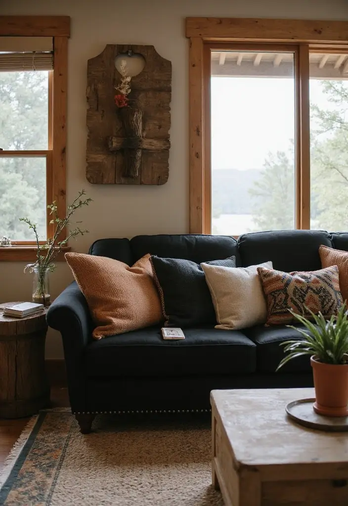 30 Black Couch with Pillows Combinations That Feel Modern 16 30 Black Couch with Pillows Combinations That Feel Modern - 16. Rustic Elements