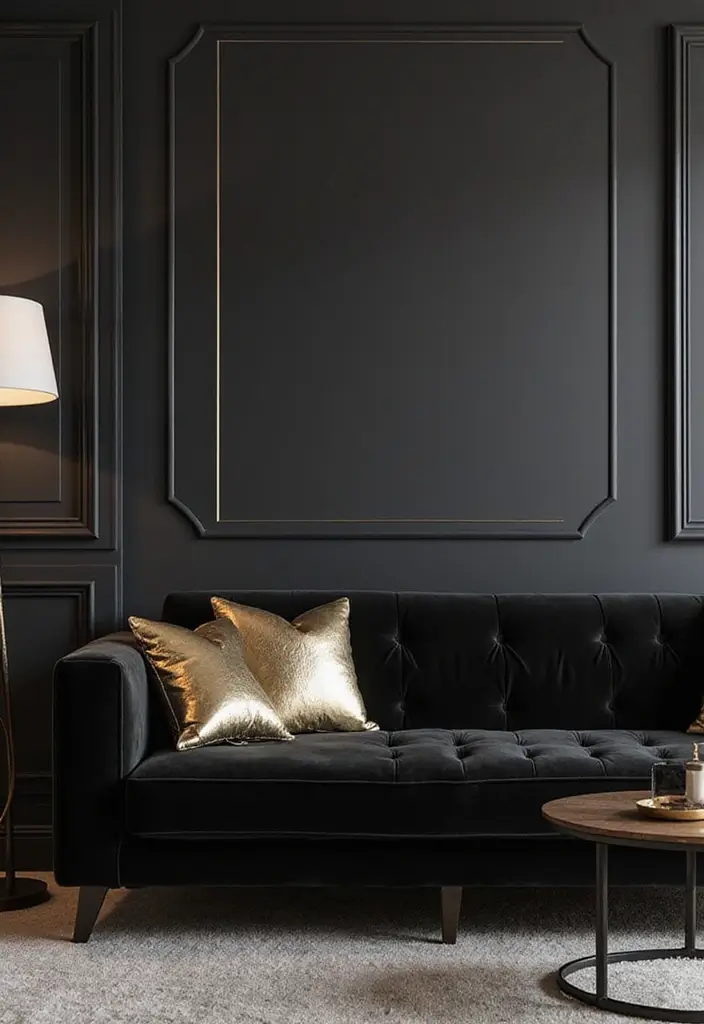 30 Black Couch with Pillows Combinations That Feel Modern 17 30 Black Couch with Pillows Combinations That Feel Modern - 17. Metallic Accents