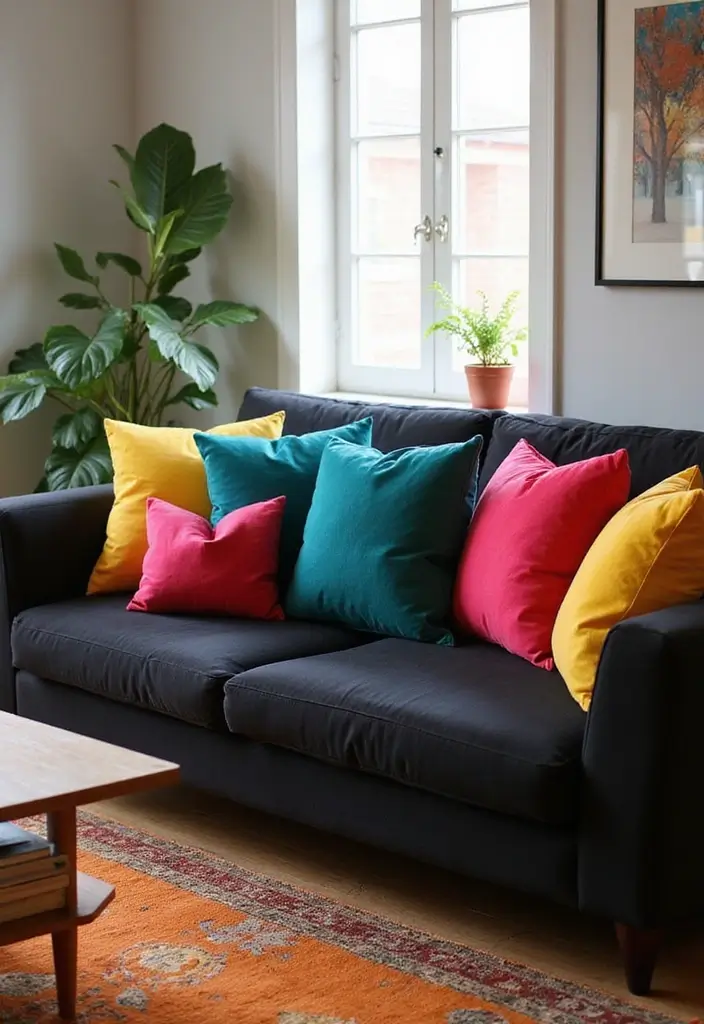 30 Black Couch with Pillows Combinations That Feel Modern 18 30 Black Couch with Pillows Combinations That Feel Modern - 18. Bold Color Blocks