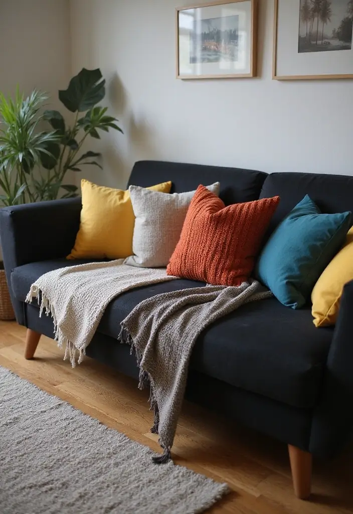 30 Black Couch with Pillows Combinations That Feel Modern 19 30 Black Couch with Pillows Combinations That Feel Modern - 19. Cozy Throws