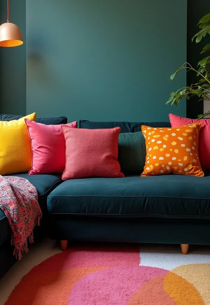 30 Black Couch with Pillows Combinations That Feel Modern 2 30 Black Couch with Pillows Combinations That Feel Modern - 2. Vibrant Color Pops