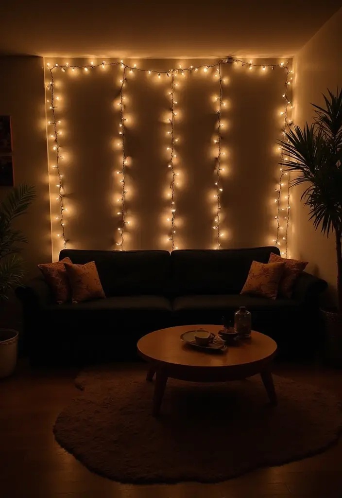 30 Black Couch with Pillows Combinations That Feel Modern 23 30 Black Couch with Pillows Combinations That Feel Modern - 23. String Lights