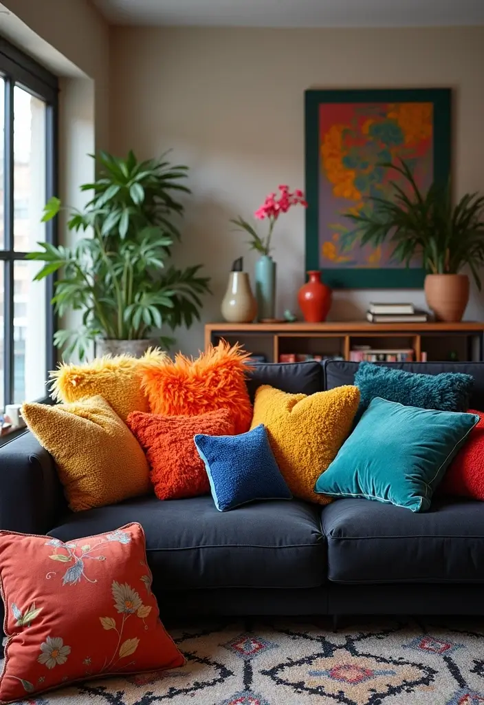 30 Black Couch with Pillows Combinations That Feel Modern 25 30 Black Couch with Pillows Combinations That Feel Modern - 25. Full of Color