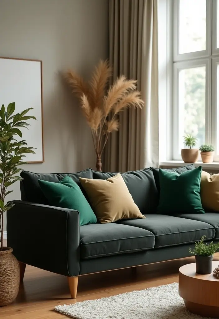 30 Black Couch with Pillows Combinations That Feel Modern 27 30 Black Couch with Pillows Combinations That Feel Modern - 27. Earthy Greens