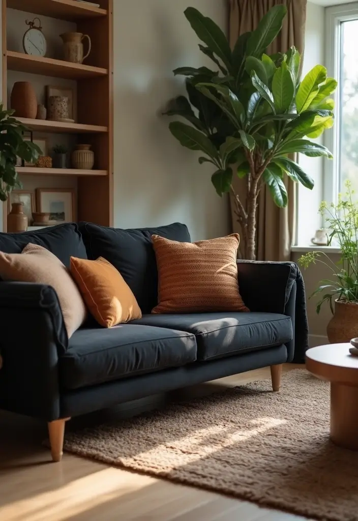 30 Black Couch with Pillows Combinations That Feel Modern 3 30 Black Couch with Pillows Combinations That Feel Modern - 3. Earthy Tones