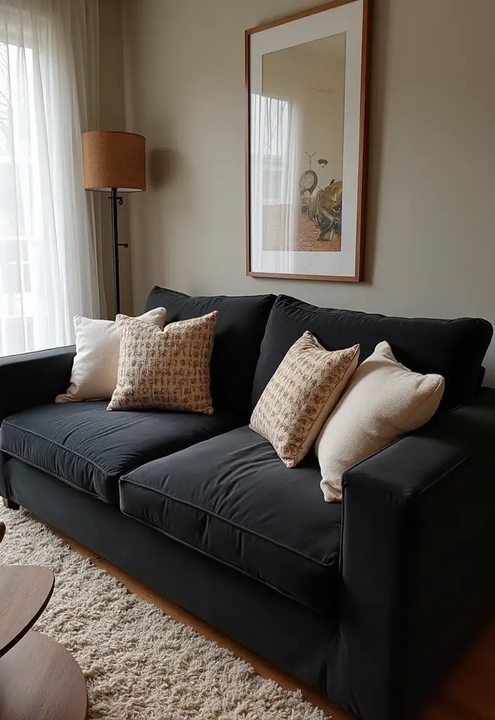 30 Black Couch with Pillows Combinations That Feel Modern 30 30 Black Couch with Pillows Combinations That Feel Modern - 30. Personal Touches