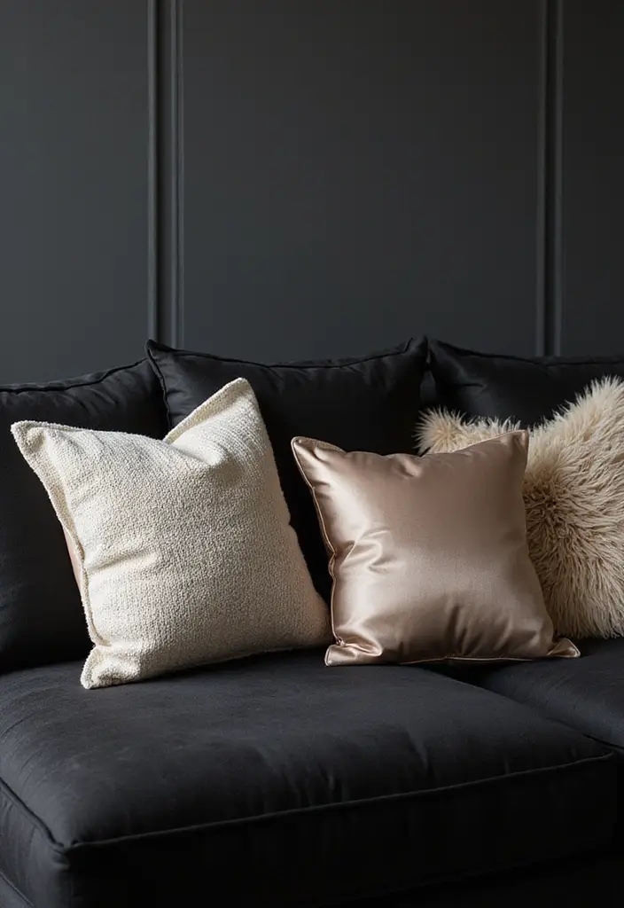 30 Black Couch with Pillows Combinations That Feel Modern 4 30 Black Couch with Pillows Combinations That Feel Modern - 4. Textured Layers