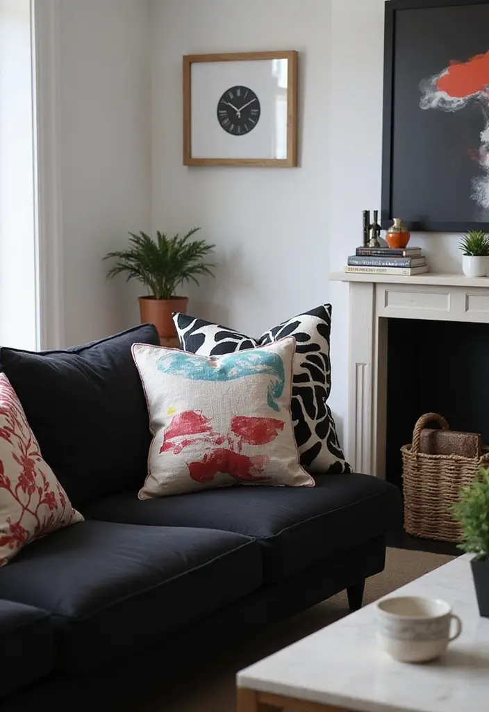 30 Black Couch with Pillows Combinations That Feel Modern 5 30 Black Couch with Pillows Combinations That Feel Modern - 5. Graphic Prints
