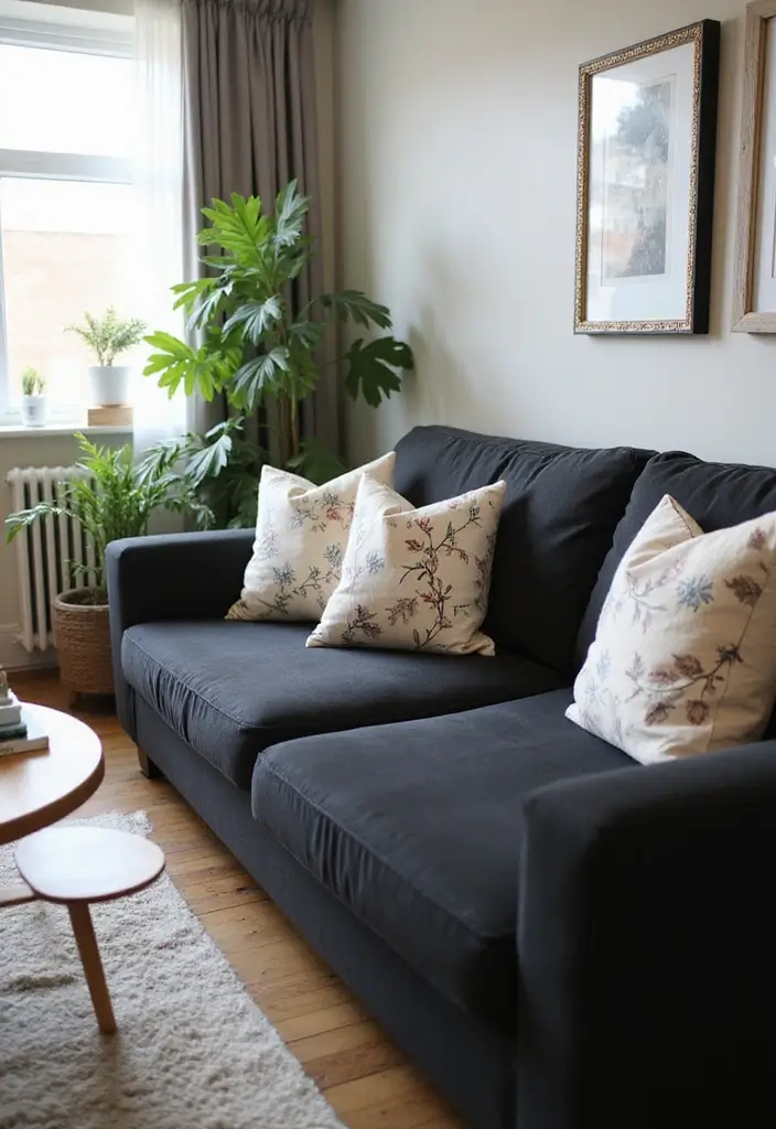 30 Black Couch with Pillows Combinations That Feel Modern 7 30 Black Couch with Pillows Combinations That Feel Modern - 7. Floral Accents