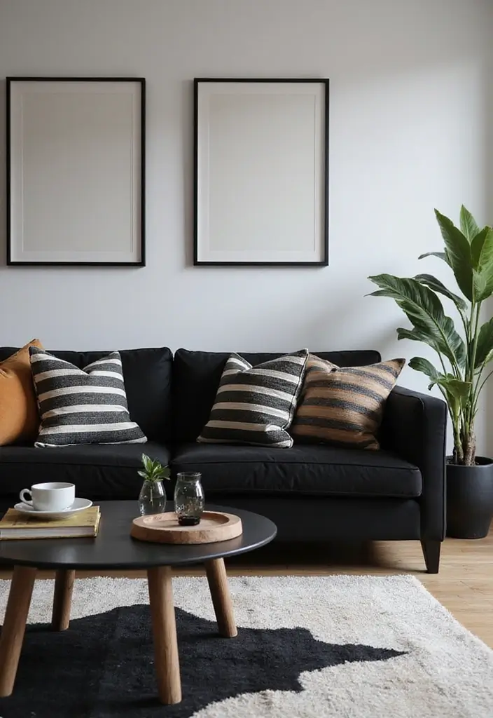30 Black Couch with Pillows Combinations That Feel Modern 8 30 Black Couch with Pillows Combinations That Feel Modern - 8. Bold Stripes
