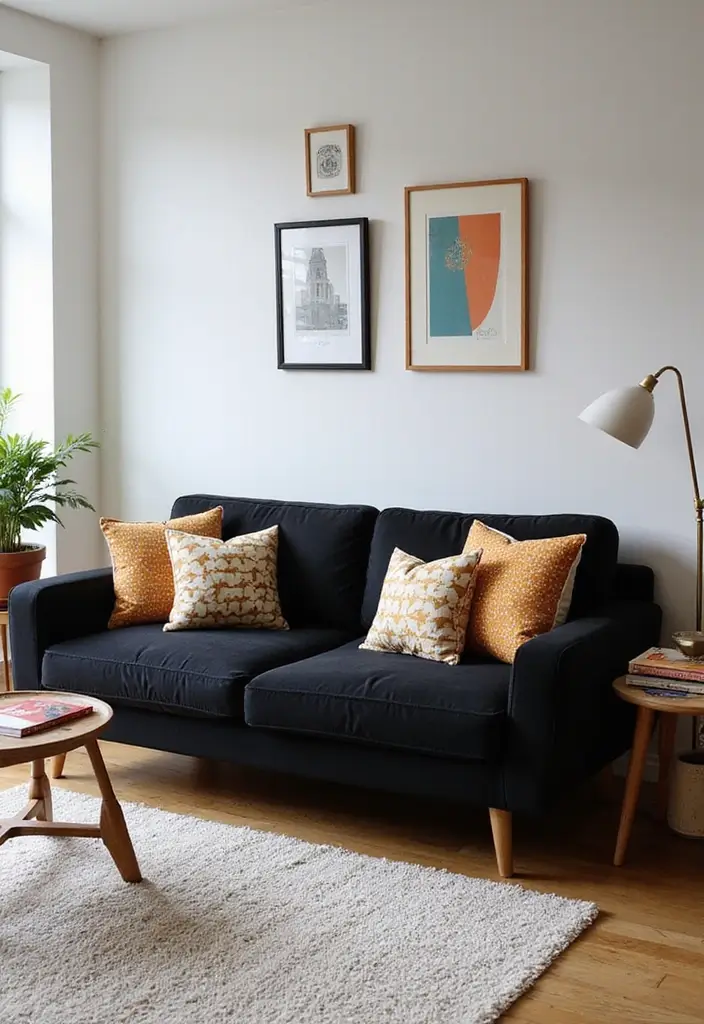 30 Black Couch with Pillows Combinations That Feel Modern 9 30 Black Couch with Pillows Combinations That Feel Modern - 9. Retro Revival