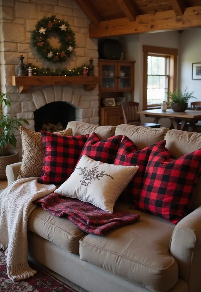 30+ Christmas Pillows on Couches That Feel Warm and Joyful 1 30+ Christmas Pillows on Couches That Feel Warm and Joyful - 1. Rustic Charm with Plaid Patterns