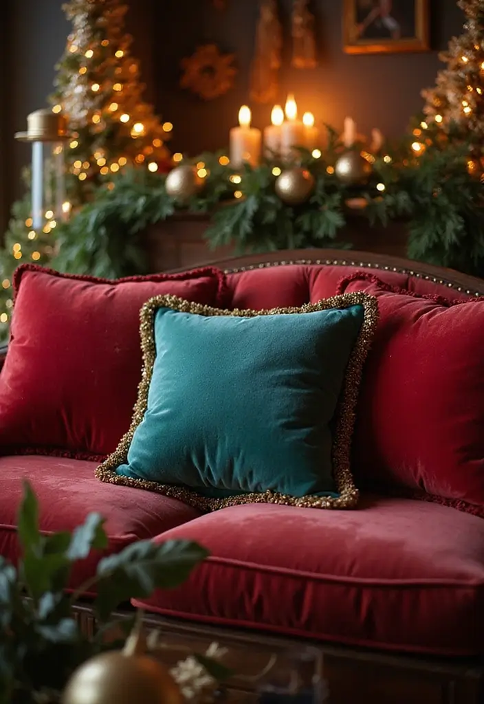 30+ Christmas Pillows on Couches That Feel Warm and Joyful 10 30+ Christmas Pillows on Couches That Feel Warm and Joyful - 10. Soft Velvet Textures