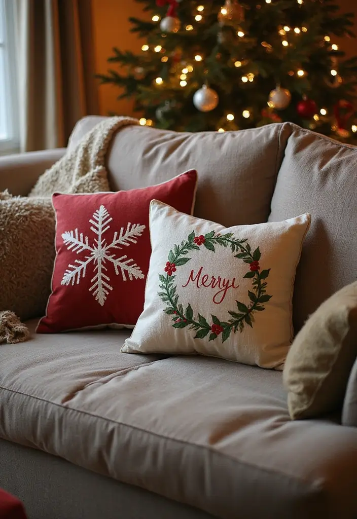 30+ Christmas Pillows on Couches That Feel Warm and Joyful 11 30+ Christmas Pillows on Couches That Feel Warm and Joyful - 11. Seasonal Icons and Motifs