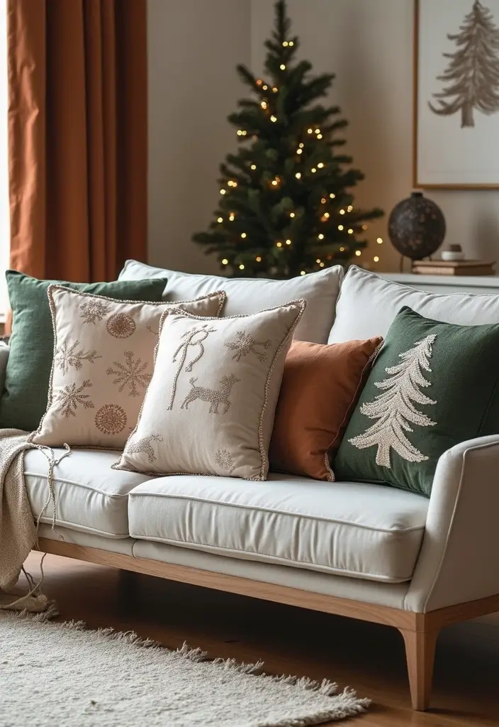 30+ Christmas Pillows on Couches That Feel Warm and Joyful 14 30+ Christmas Pillows on Couches That Feel Warm and Joyful - 14. Monochromatic Magic