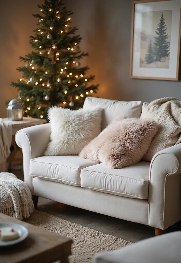 30+ Christmas Pillows on Couches That Feel Warm and Joyful 16 30+ Christmas Pillows on Couches That Feel Warm and Joyful - 16. Soft Faux Fur Accents