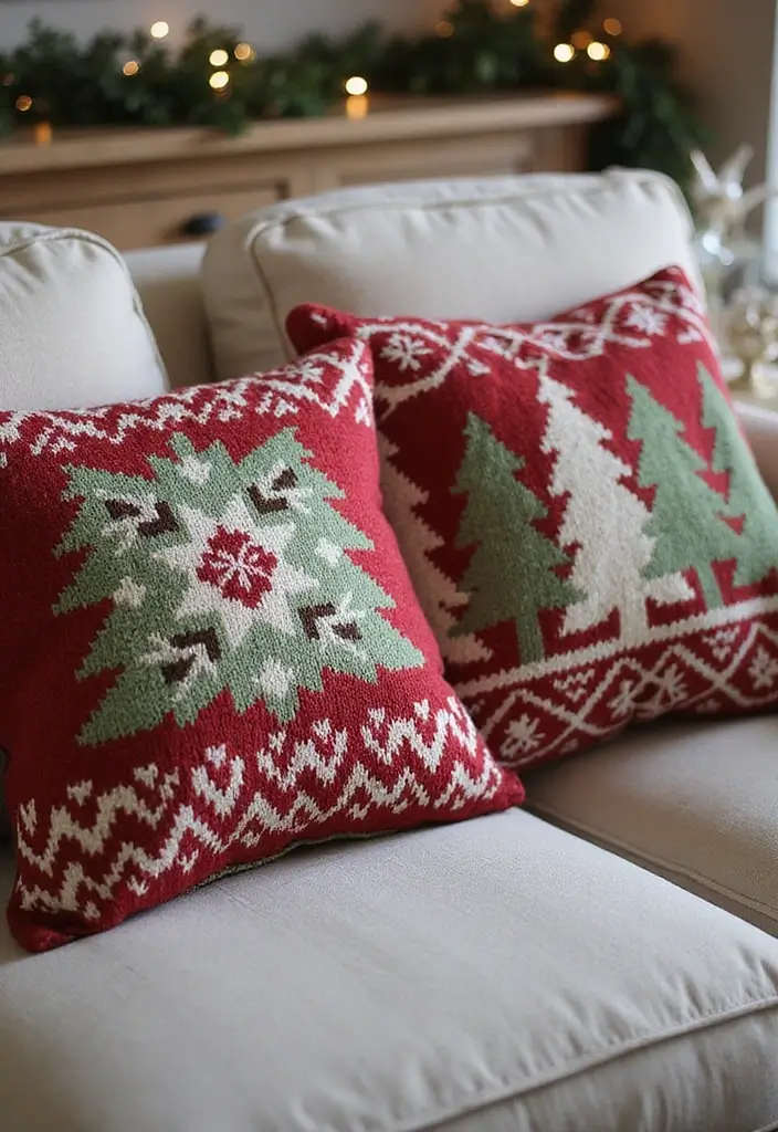 30+ Christmas Pillows on Couches That Feel Warm and Joyful 17 30+ Christmas Pillows on Couches That Feel Warm and Joyful - 17. Festive Knit Patterns
