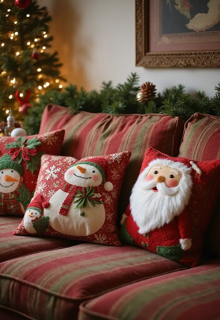 30+ Christmas Pillows on Couches That Feel Warm and Joyful 18 30+ Christmas Pillows on Couches That Feel Warm and Joyful - 18. Classic Snowman and Santa Designs