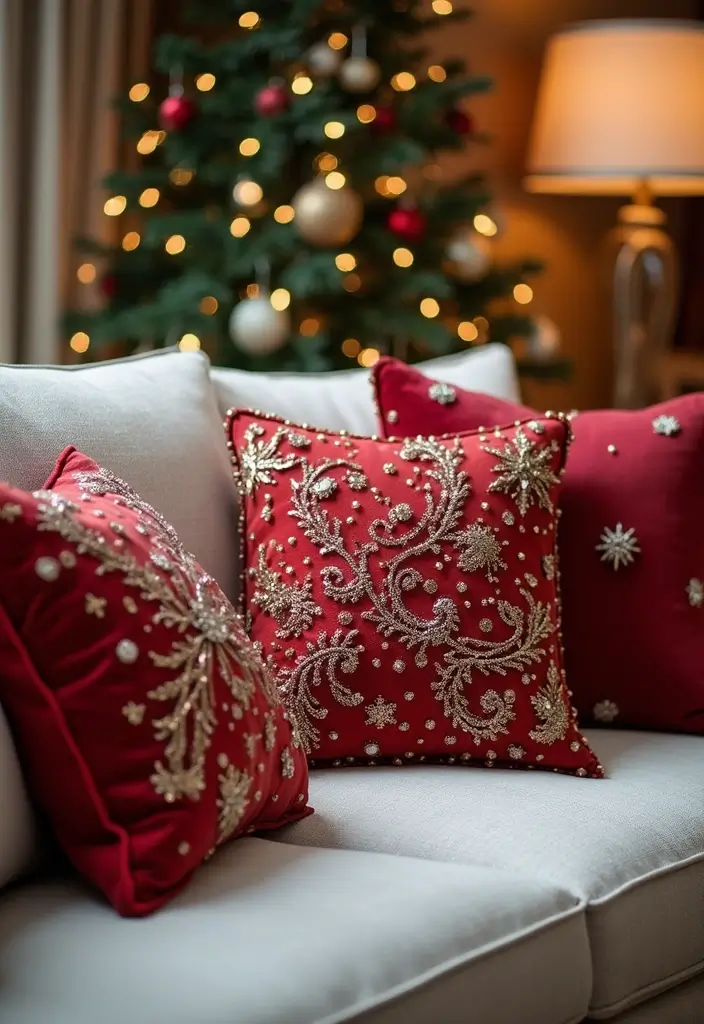 30+ Christmas Pillows on Couches That Feel Warm and Joyful 19 30+ Christmas Pillows on Couches That Feel Warm and Joyful - 19. Embellished Pillows with Beads and Sequins