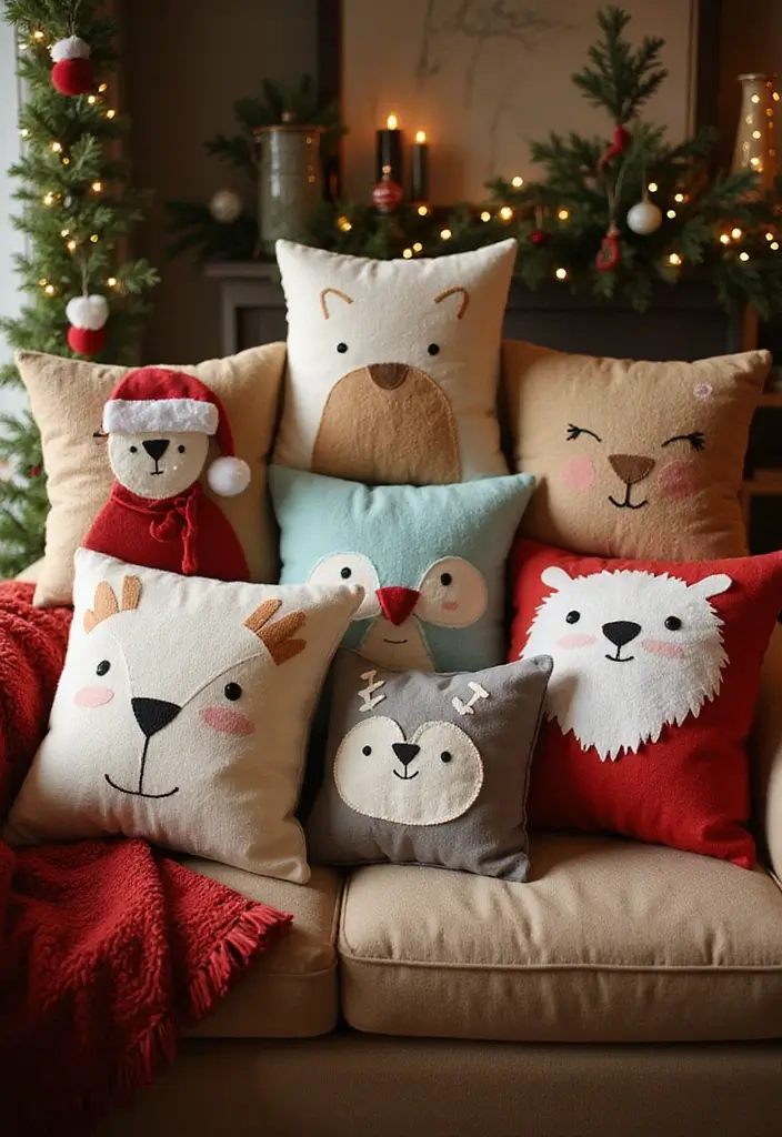 30+ Christmas Pillows on Couches That Feel Warm and Joyful 2 30+ Christmas Pillows on Couches That Feel Warm and Joyful - 2. Whimsical Animal Designs