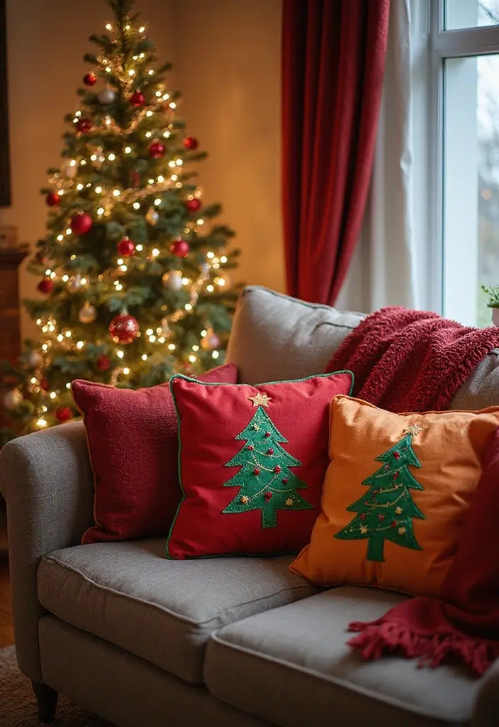 30+ Christmas Pillows on Couches That Feel Warm and Joyful 20 30+ Christmas Pillows on Couches That Feel Warm and Joyful - 20. Bright and Cheerful Colors