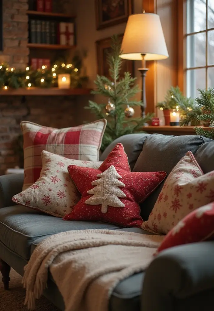 30+ Christmas Pillows on Couches That Feel Warm and Joyful 21 30+ Christmas Pillows on Couches That Feel Warm and Joyful - 21. Playful Holiday Shapes