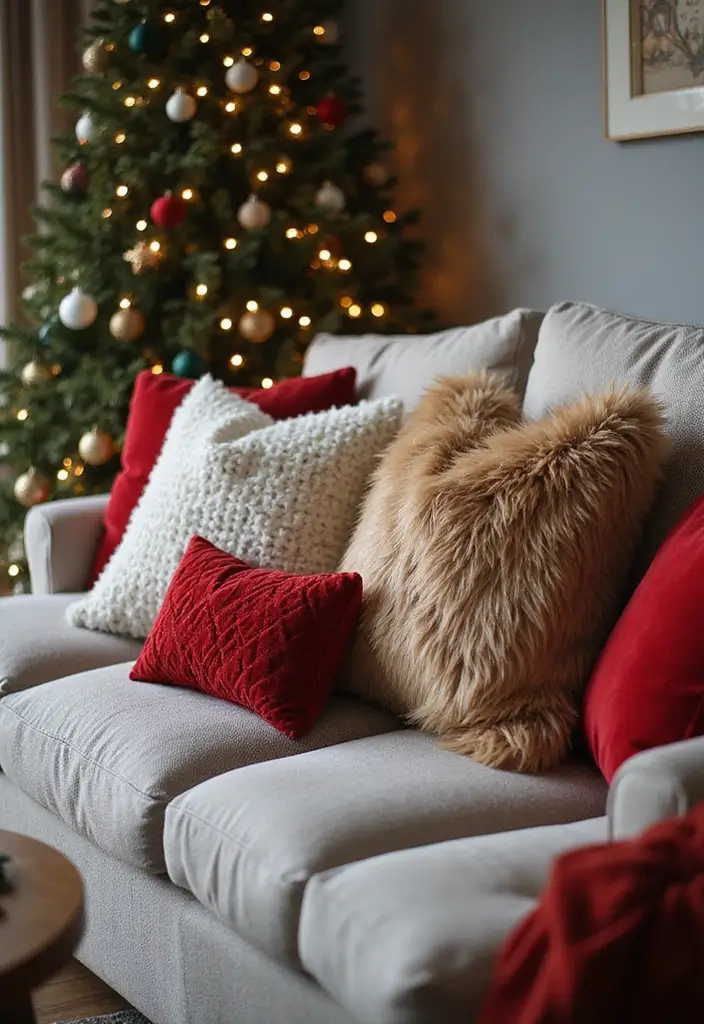 30+ Christmas Pillows on Couches That Feel Warm and Joyful 22 30+ Christmas Pillows on Couches That Feel Warm and Joyful - 22. Textured Fabric Combinations