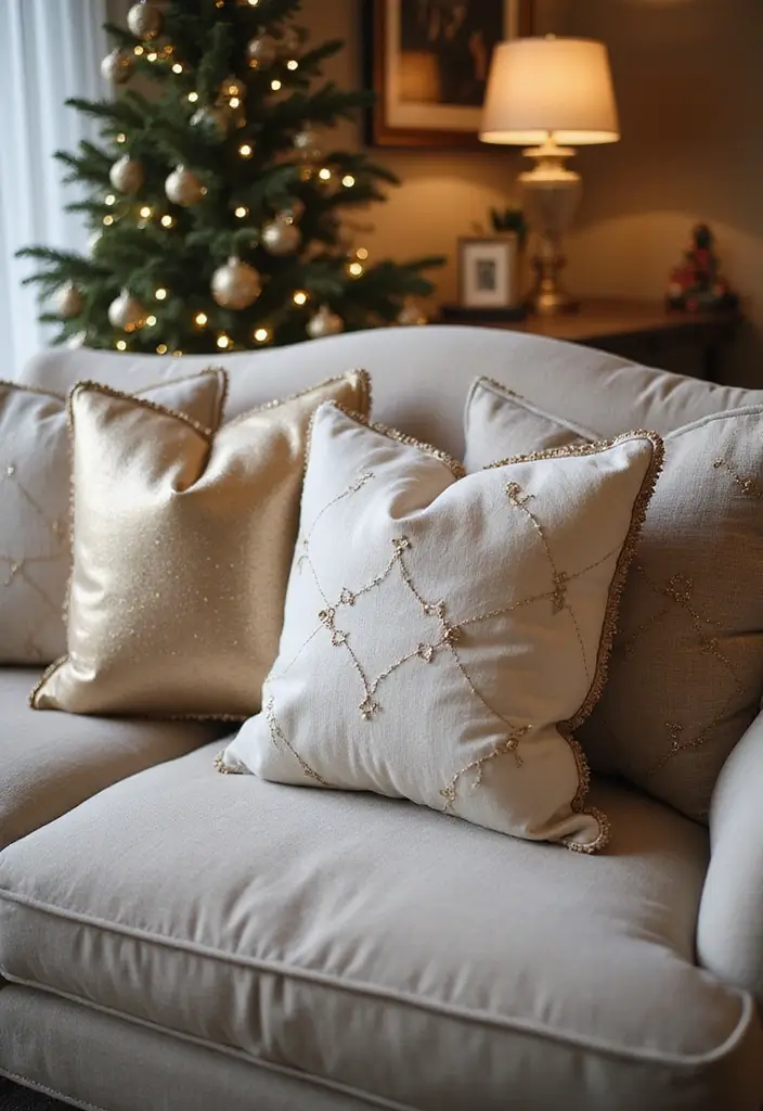 30+ Christmas Pillows on Couches That Feel Warm and Joyful 23 30+ Christmas Pillows on Couches That Feel Warm and Joyful - 23. Subtle Metallic Accents