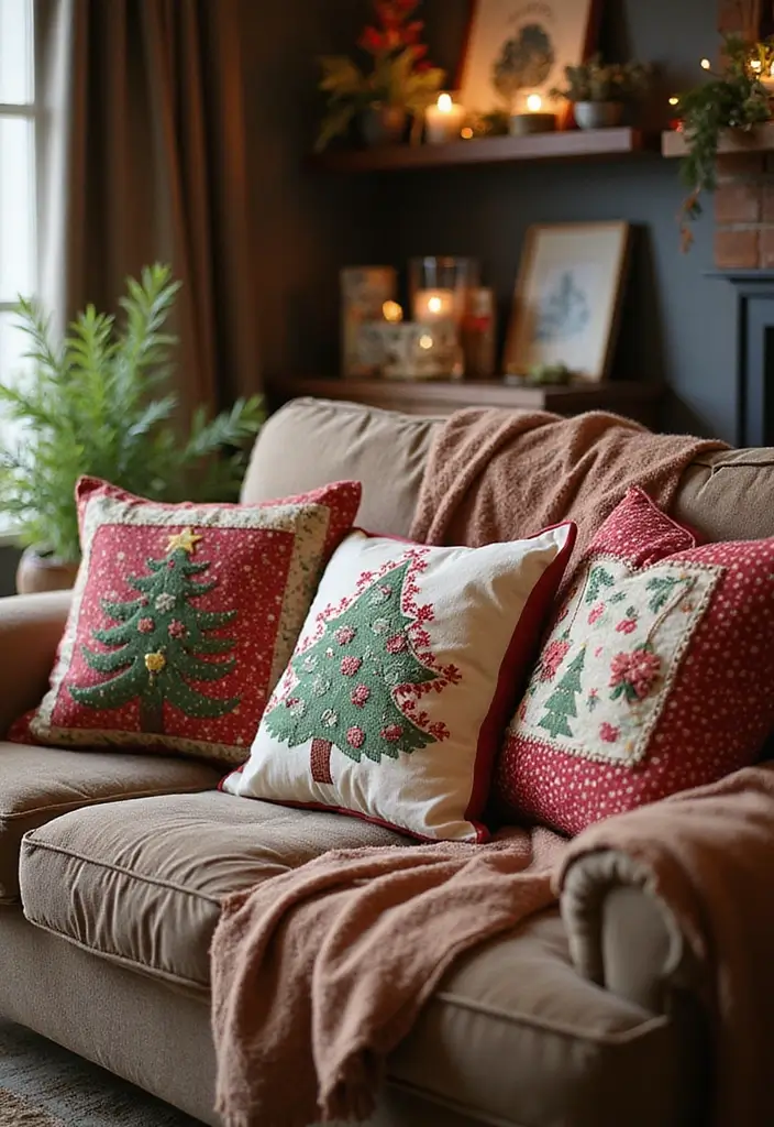 30+ Christmas Pillows on Couches That Feel Warm and Joyful 25 30+ Christmas Pillows on Couches That Feel Warm and Joyful - 25. Seasonal Patchwork Patterns