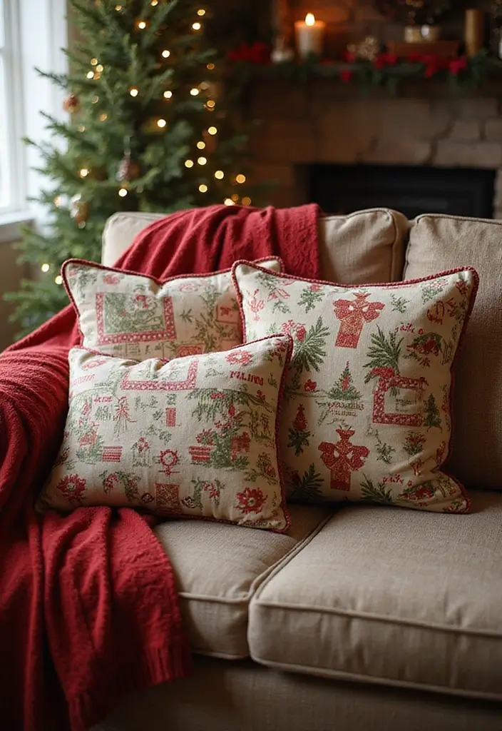 30+ Christmas Pillows on Couches That Feel Warm and Joyful 27 30+ Christmas Pillows on Couches That Feel Warm and Joyful - 27. Vintage Christmas Fabric Patterns