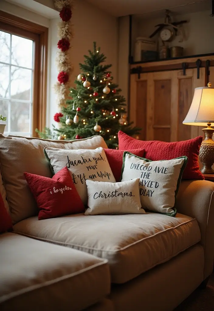 30+ Christmas Pillows on Couches That Feel Warm and Joyful 28 30+ Christmas Pillows on Couches That Feel Warm and Joyful - 28. Silly Christmas Puns