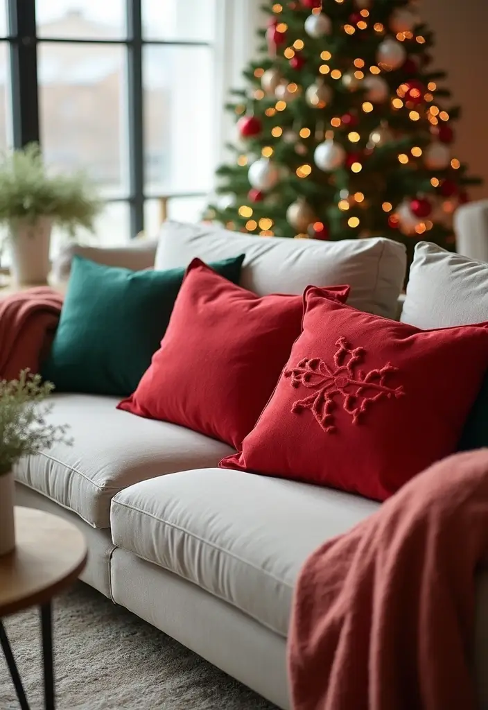 30+ Christmas Pillows on Couches That Feel Warm and Joyful 29 30+ Christmas Pillows on Couches That Feel Warm and Joyful - 29. Color-blocked Designs