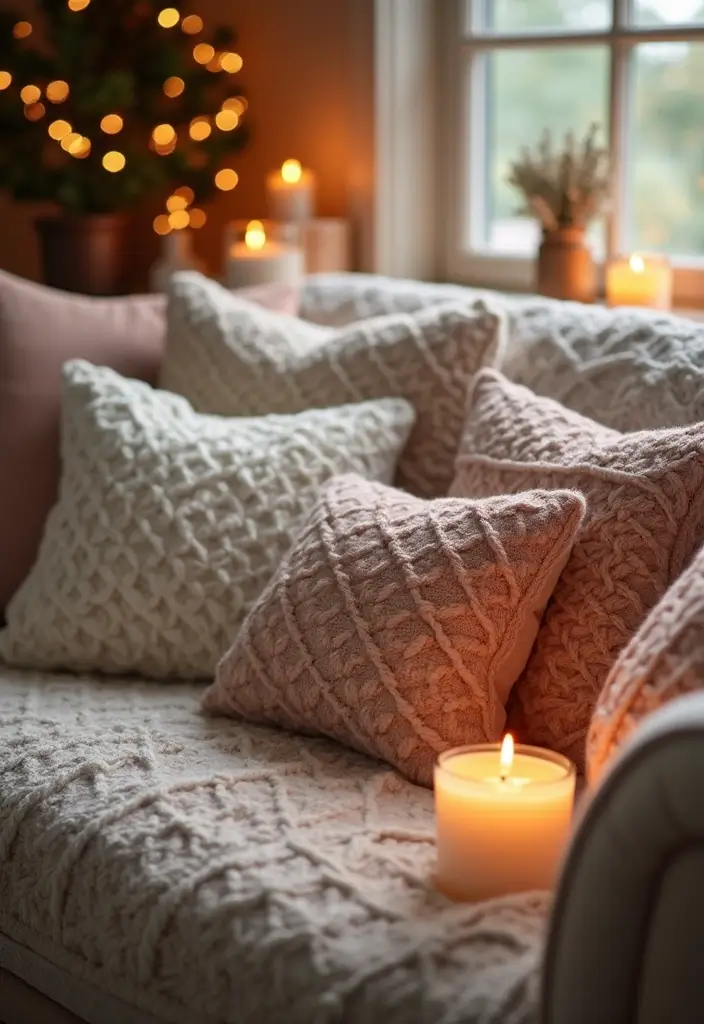 30+ Christmas Pillows on Couches That Feel Warm and Joyful 3 30+ Christmas Pillows on Couches That Feel Warm and Joyful - 3. Cozy Knitted Textures