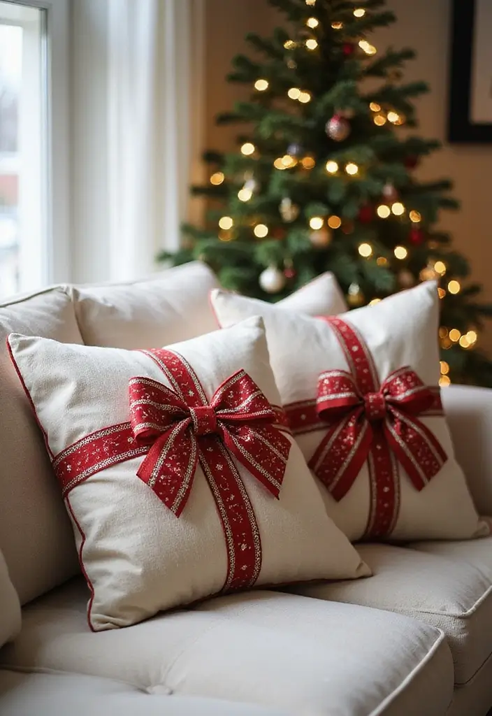 30+ Christmas Pillows on Couches That Feel Warm and Joyful 30 30+ Christmas Pillows on Couches That Feel Warm and Joyful - 30. Festive Ribbons and Bows