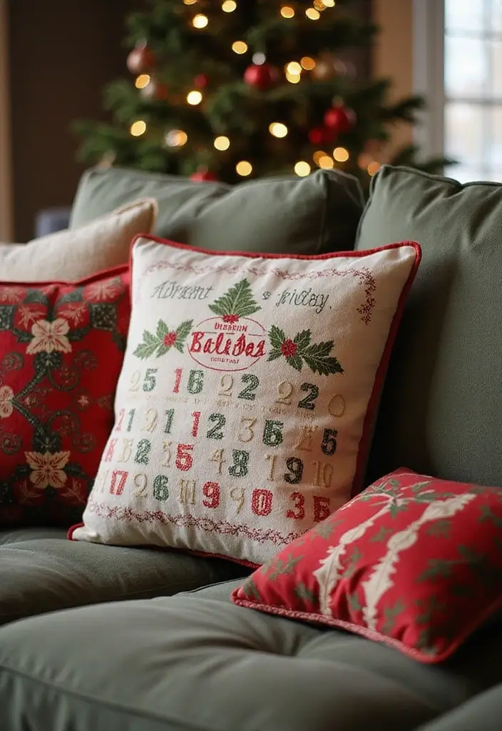 30+ Christmas Pillows on Couches That Feel Warm and Joyful 6 30+ Christmas Pillows on Couches That Feel Warm and Joyful - 6. Vintage Advent Calendar Pillows