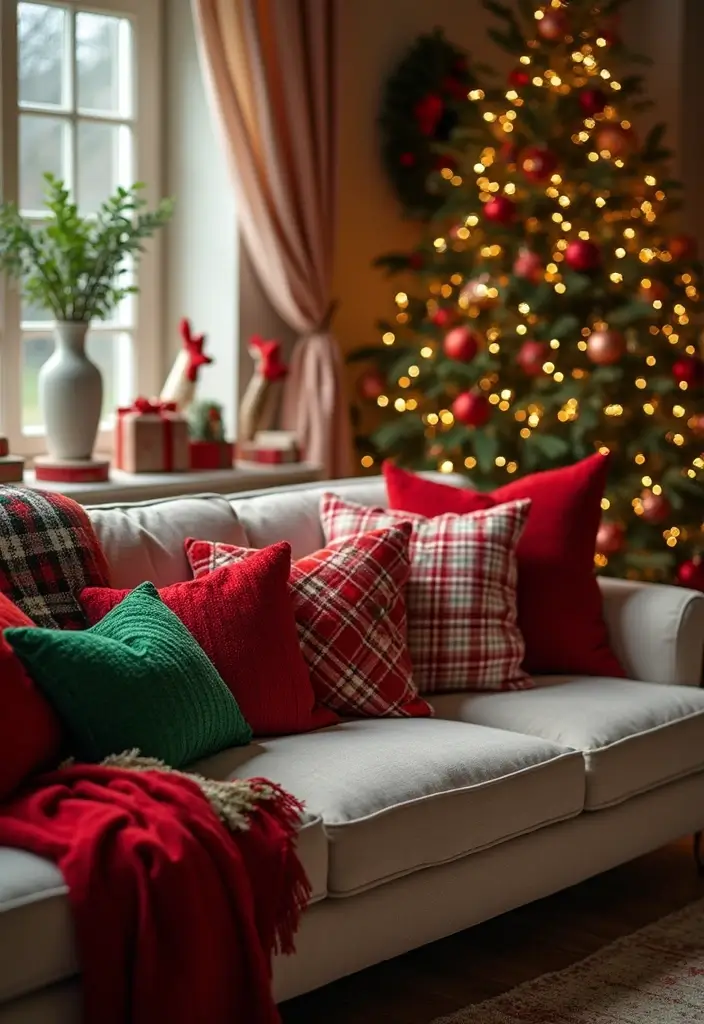 30+ Christmas Pillows on Couches That Feel Warm and Joyful 8 30+ Christmas Pillows on Couches That Feel Warm and Joyful - 8. Classic Red and Green Themes