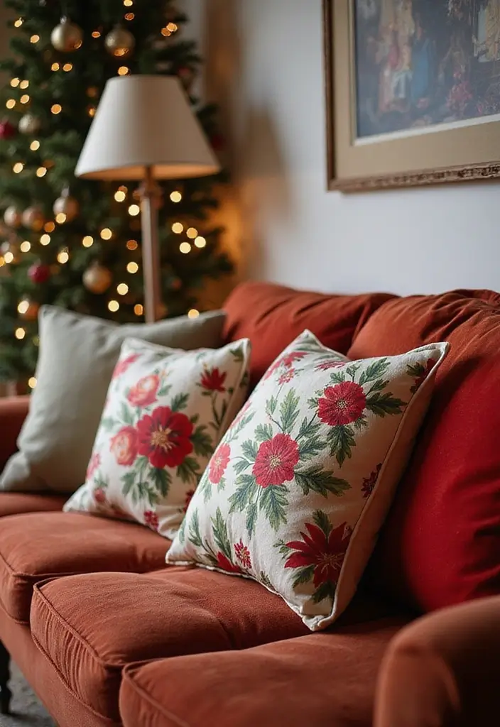 30+ Christmas Pillows on Couches That Feel Warm and Joyful 9 30+ Christmas Pillows on Couches That Feel Warm and Joyful - 9. Festive Floral Accents
