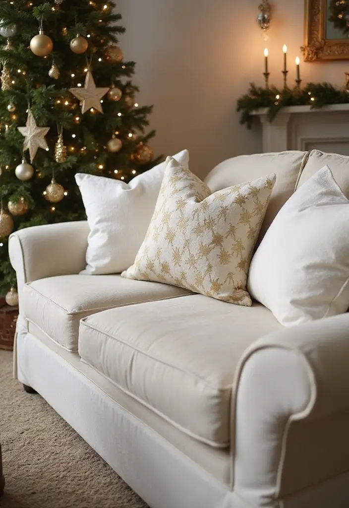30+ Christmas Throw Pillows for Couches: Festive and Cozy Ideas 10 30+ Christmas Throw Pillows for Couches: Festive and Cozy Ideas - 10. Classic White and Gold